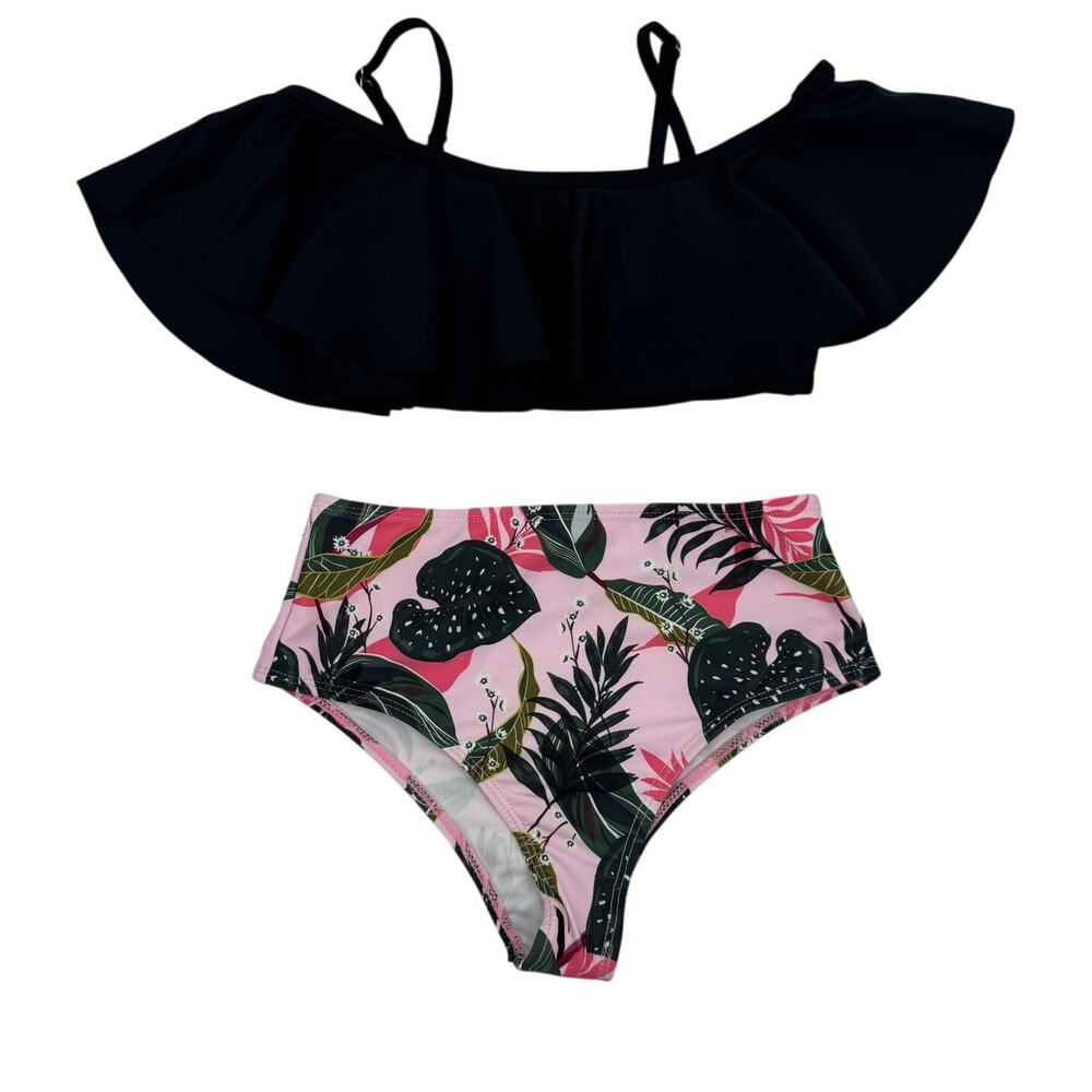 NWT Iffei Kids Girls 8-9 Years Black Ruffle Floral 2 Piece Matching Swimwear
